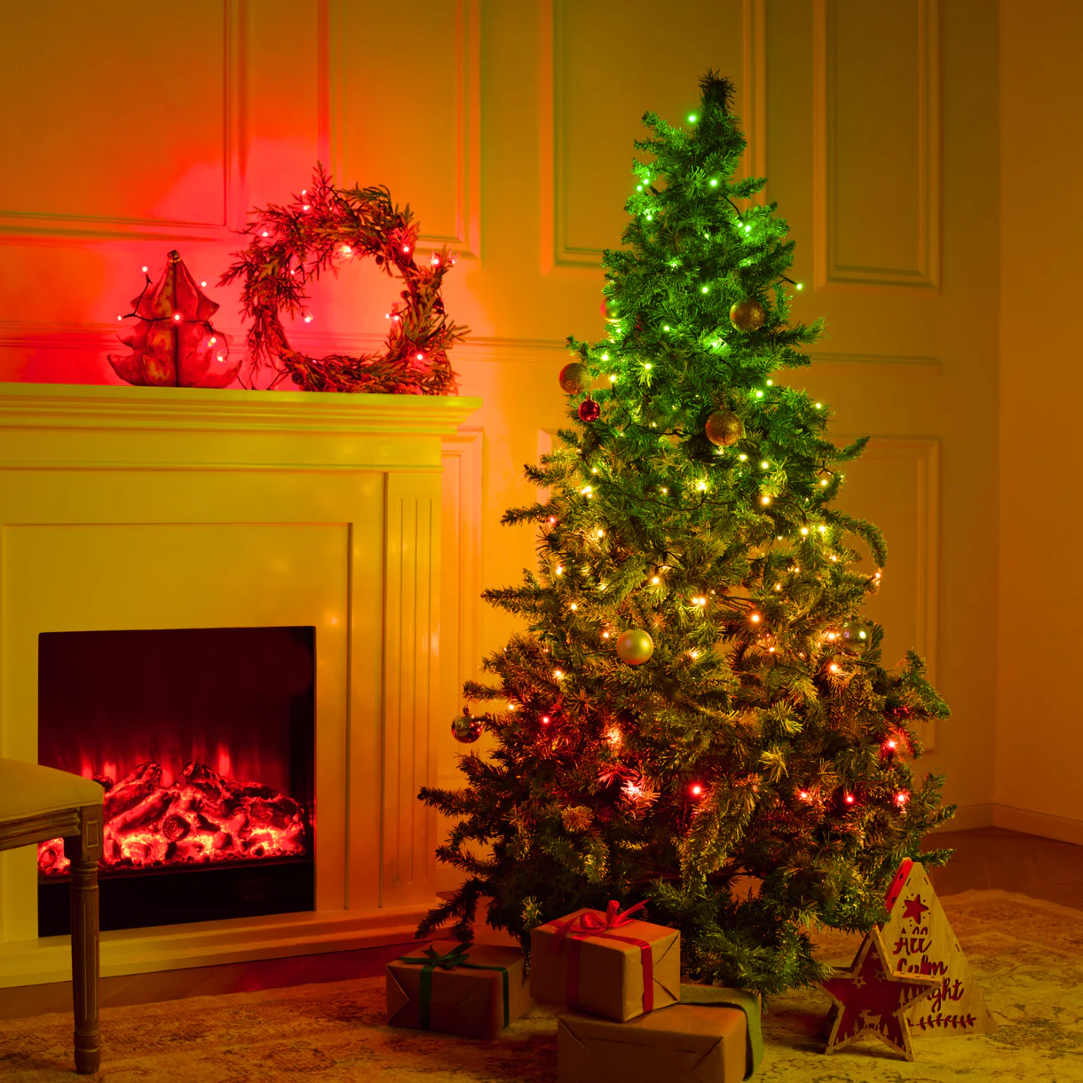 Christmas tree lights in a cozy Christmas decor